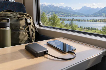 Batería externa compacta conectada a un teléfono sobre la mesa de un tren