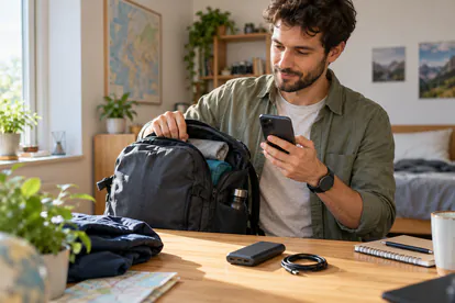 Usuario preparando una mochila con teléfono, batería externa y cable de carga