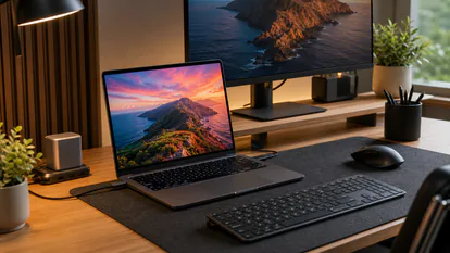 Portátil OLED conectado a monitor externo, teclado, ratón y cargador USB-C en un escritorio limpio.