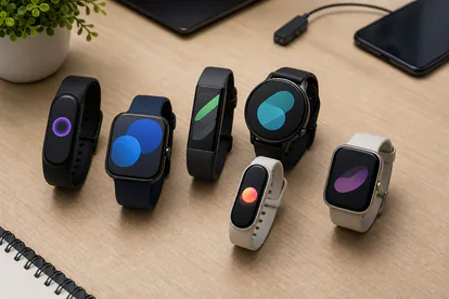 Pulseras inteligentes y smartwatches comparados sobre una mesa de tecnologia