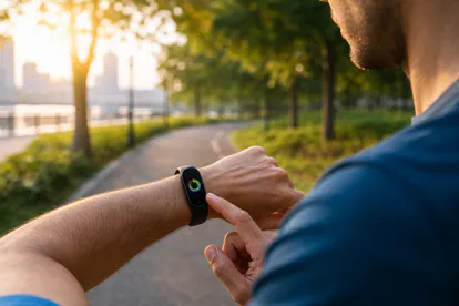 Corredora revisando metricas en una pulsera inteligente con pantalla AMOLED