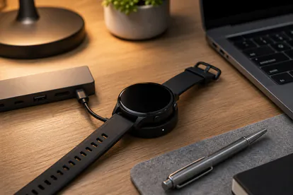 Smartwatch cargando en un escritorio con cable USB-C y accesorios tecnologicos