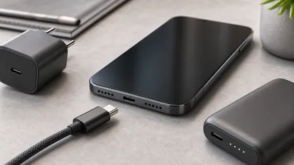 Smartphone moderno con cargador, cable USB-C y batería externa para uso diario.
