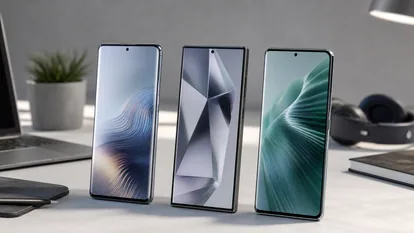Tres smartphones Android premium sobre una mesa moderna como alternativas al iPhone.