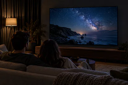 Dos personas observan una escena nocturna en un televisor dentro de un salón tenue