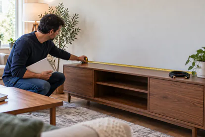 Persona midiendo un mueble para comprobar el espacio disponible antes de instalar un televisor