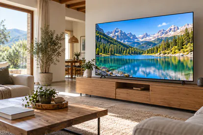 Televisor de gran formato mostrando un paisaje de montaña en un salón con luz natural