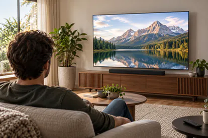 Salón preparado para valorar la distancia de uso de un televisor de gran tamaño