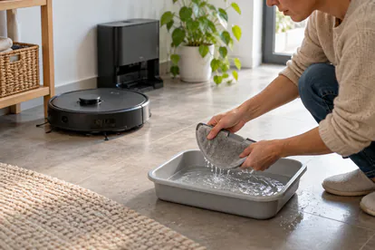 Mantenimiento de las mopas y de la base de un robot aspirador en casa