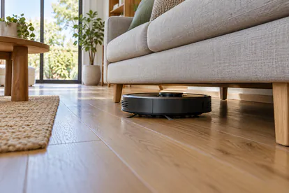 Robot aspirador de perfil bajo limpia el espacio accesible bajo un sofá