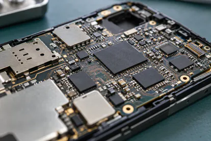 Detalle de varios chips y conexiones de una placa electrónica de dispositivo móvil