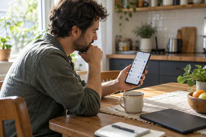 Usuario revisando ajustes de privacidad en un teléfono junto a una tablet en casa