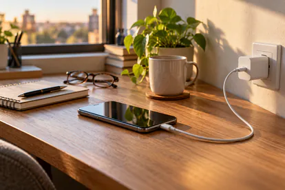 Móvil delgado conectado por USB-C durante una pausa de trabajo