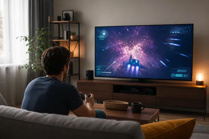 Jugador utilizando una consola frente a un televisor de gran formato.