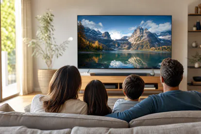 Televisor Neo QLED mostrando una escena luminosa en un salón contemporáneo.