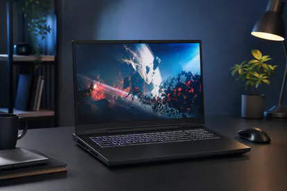 Portátil gaming de 16 pulgadas sobre un escritorio con iluminación ambiental azul.