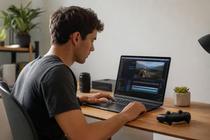 Creador de contenido trabajando con un portátil potente y un mando de juego.