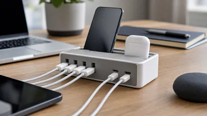 Xiaomi estación de carga de escritorio: análisis de la base de carga con 4 puertos usb y 2 puertos usb-c en una escena principal preparada para explicar el tema con detalle.